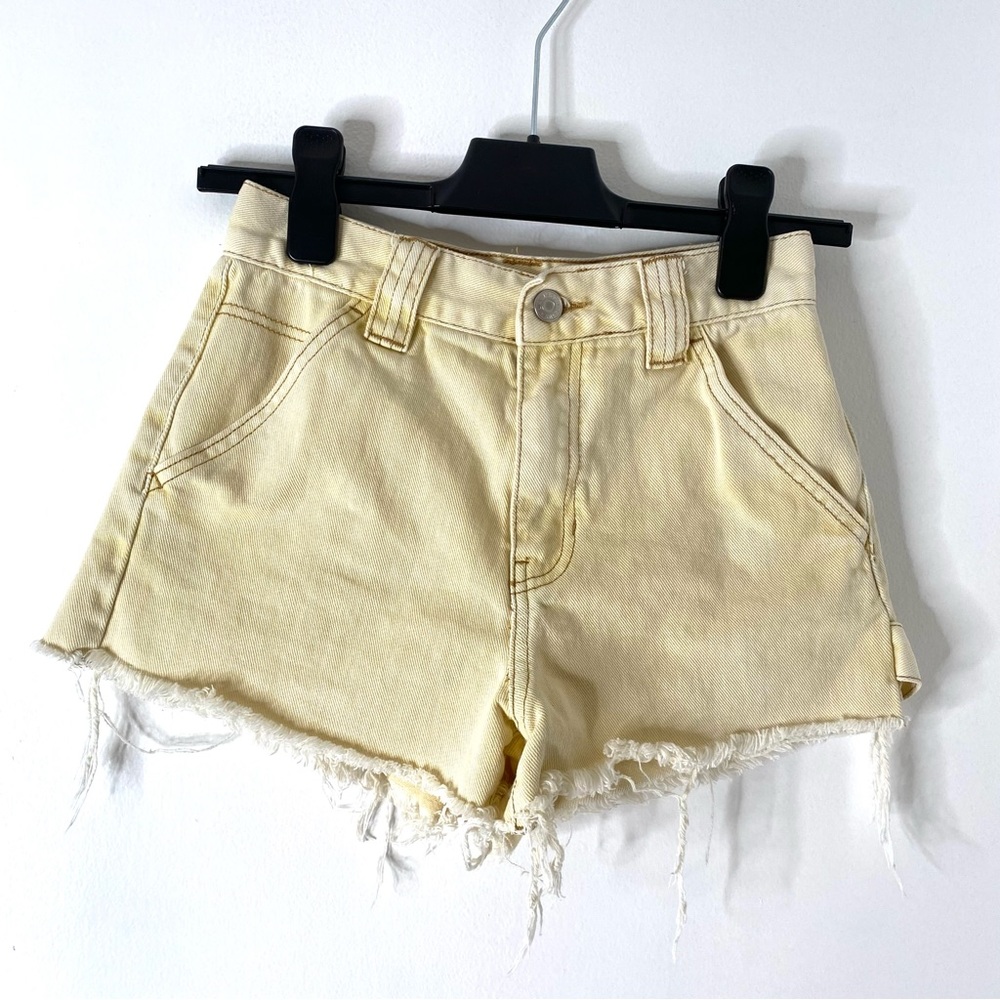 PacSun Yellow Bleached Festival Jean Shorts Raw Hem Belted Strap Detail